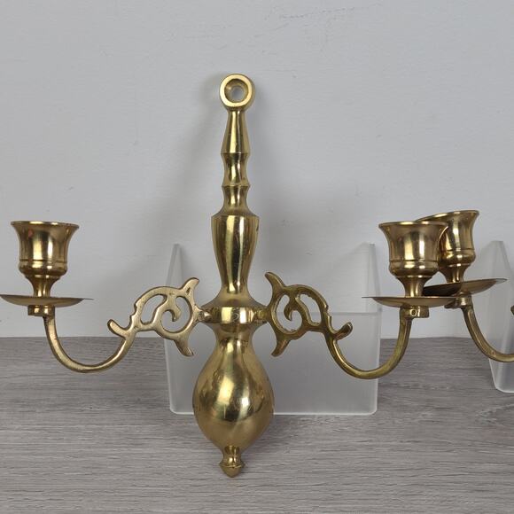Solid Brass Ornate Wall Sconce Double Candlestick Holders Set of 2 - Picture 2 of 10